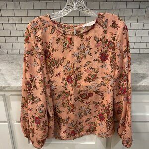 Loft Blouse Womens Small Pink Floral Peasant Top Shirt Bohemian Balloon Sleeve